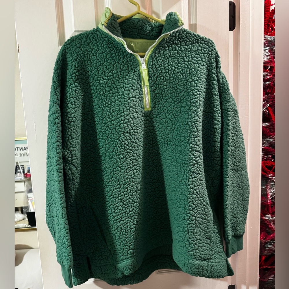 Aerie Dream Sherpa Quarter Zip Hometown Sweatshirt Pullover Kelly Green Size L